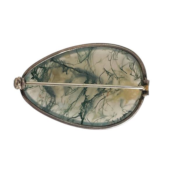 1980s Natural Green Moss Agate 835 Silver Frame Egg Shape Made in Sweden Pin - Picture 6 of 7